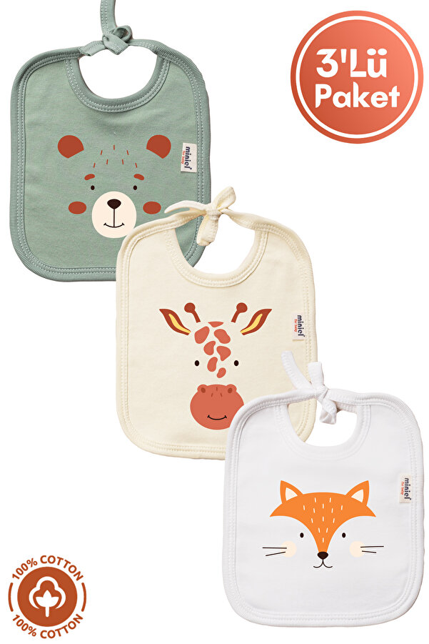 Miniel Unisex Bebek Yenidoğan Penye Organik Pamuklu Hayvan Figürlü 0-3 Ay Bebek Önlüğü 3'Lü Set