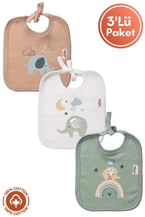 Miniel Unisex Bebek Yenidoğan Penye Organik Pamuklu Fil Baskılı 0-3 Ay Bebek Önlüğü 3'Lü Set