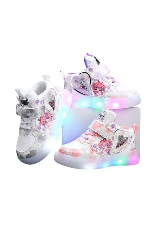 Mixbo-- Girls' Sneakers, Boot-Style, with Velcro, Stars, and Lights, Sole with Patterns, White 27 EU 1