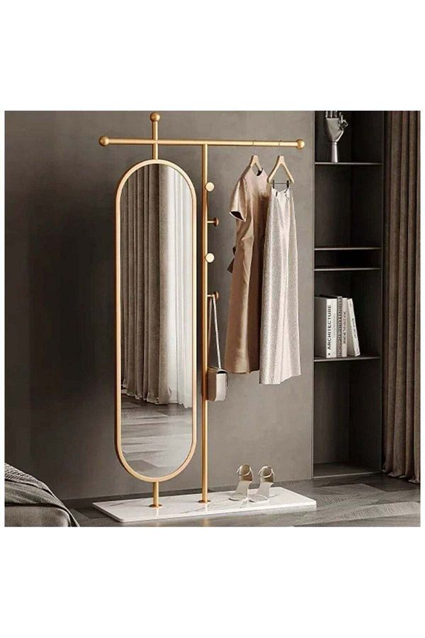 Generic-AWD Gold Freestanding Coat Rack with Full-Length Mirror Multi-Functional Clothing Hanging Stand wit 1