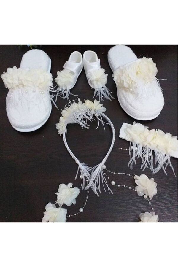 Fiyonks Atölye Lohusa Terlik ve Taç + Bebek Patik ve Bandana | Anne Bebek Uyumlu Lohusa Seti