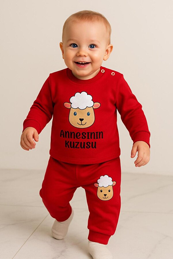 nevrankids Bebek Kuzucuk Baskılı İkili Takım - Annesinin Kuzusu - Kırmızı