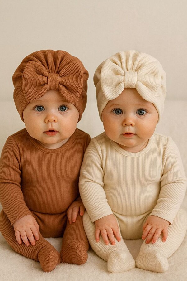 Pico Baby Fiyonklu Çift Kat Bebek Bone 2'li Set-Krem/Kahverengi