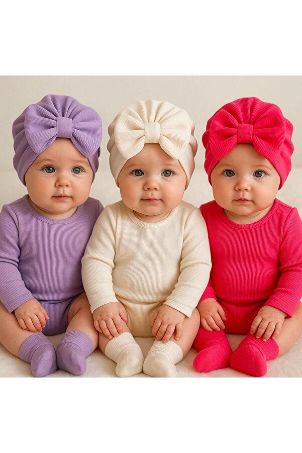 Pico Baby Fiyonklu Çift Kat Bebek Bone 3'lü Set- Mor/Krem/Fuşya