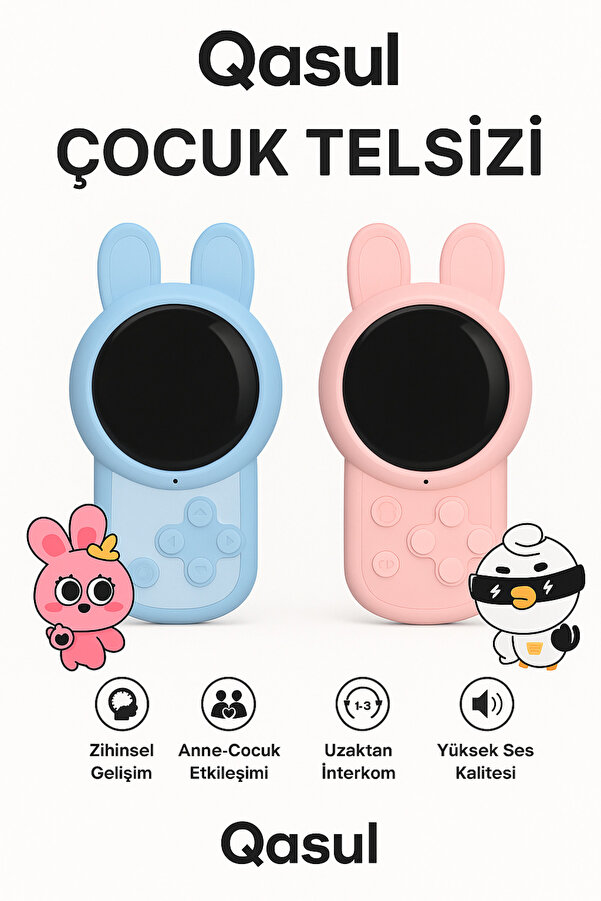 qasul Çocuk Telsizi LED Işıklı Sevimli Tavşan Tasarım – 1-3 km Çekim Mesafesi, Çiftli Set
