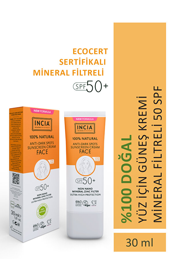 INCIA %100 Doğal Yüz Güneş Kremi Leke Karşıtı Aydınlatıcı Mineral Filtre SPF 50+ UVA1 UVA2 UVB 30 ml