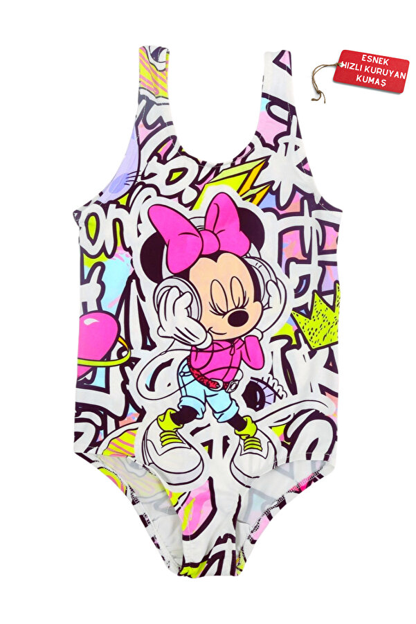Papiş Kız Çocuk Mayo Minnie Mouse Graffiti Desenli Rahat Hızlı Kuruyan Mayo Deniz Havuz Plaj Mayosu