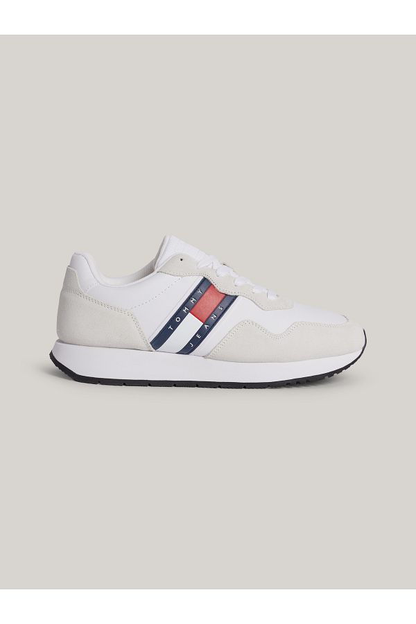 Tommy Hilfiger-Pánské bílé tenisky semišové značky s logem z recyklovaného polyesteru s gumovou podrážkou 1