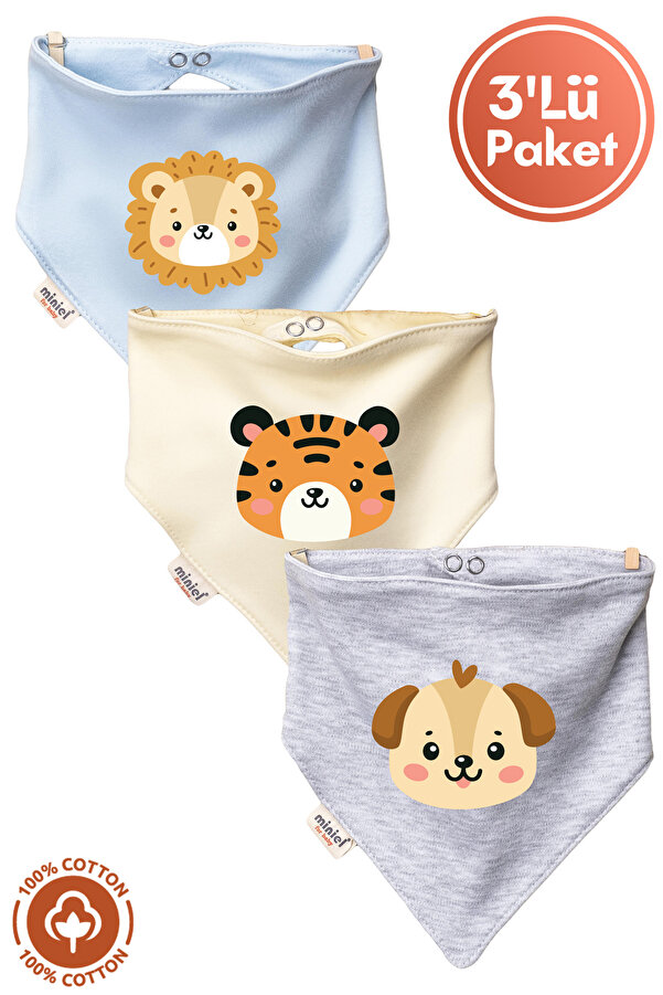 Miniel Unisex Bebek Yenidoğan Penye Organik Pamuklu Hayvan Figürlü Bebek Önlüğü 3'lü Set