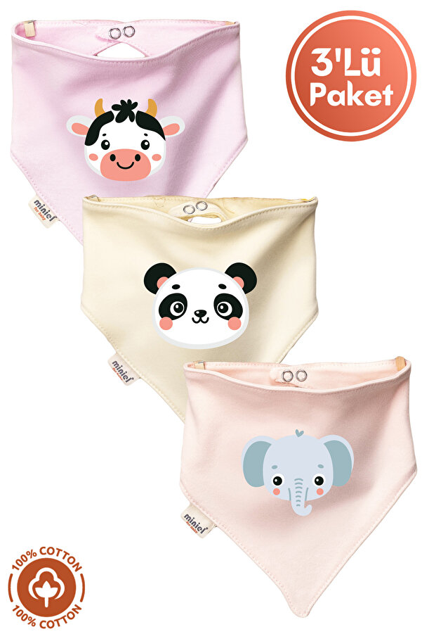 Miniel Unisex Bebek Yenidoğan Penye Organik Pamuklu Hayvan Figürlü Bebek Önlüğü 3'lü Set