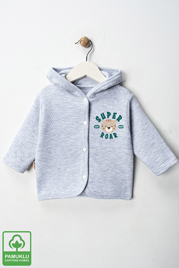 Miniel Erkek Bebek Super Roar Baskılı Organik Pamuklu 6-9-12-18 Ay Kapitone Bebek Hırka