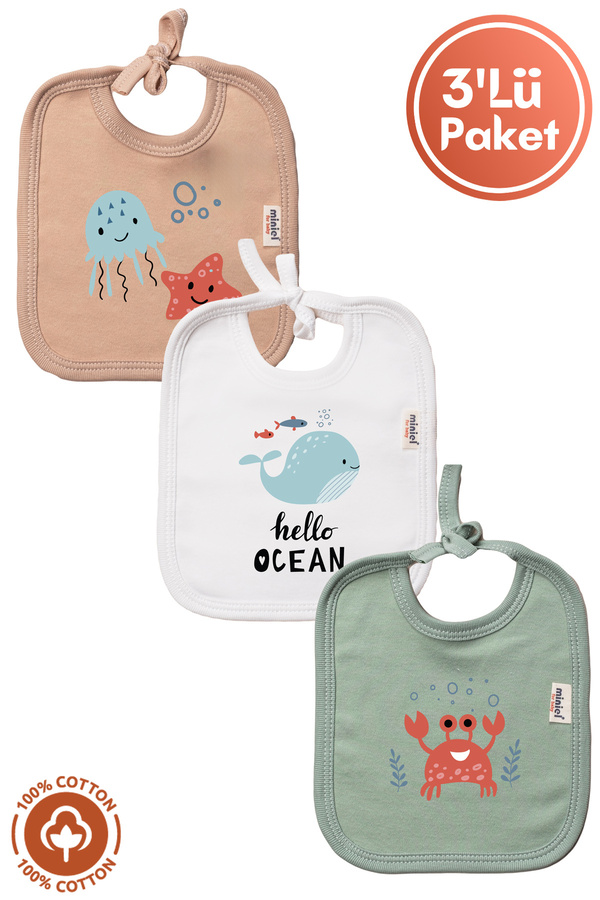 Miniel Unisex Bebek Yenidoğan Penye Organik Pamuklu Hello Ocean Baskılı 0-3 Ay Bebek Önlüğü 3'Lü Set