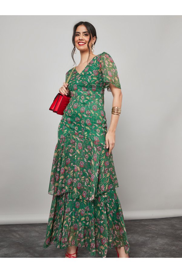 Styli Frill Sleeve Floral Print Layered Maxi Dress