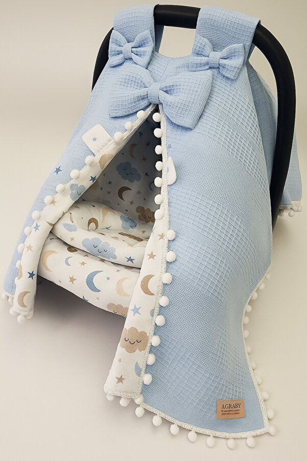 Babycitytr %100 Pamuk Müslin Waffle Pike Puset Örtüsü Puset Minderi Çarşaf 3’lü Set OEKO-TEX Sertifikalı