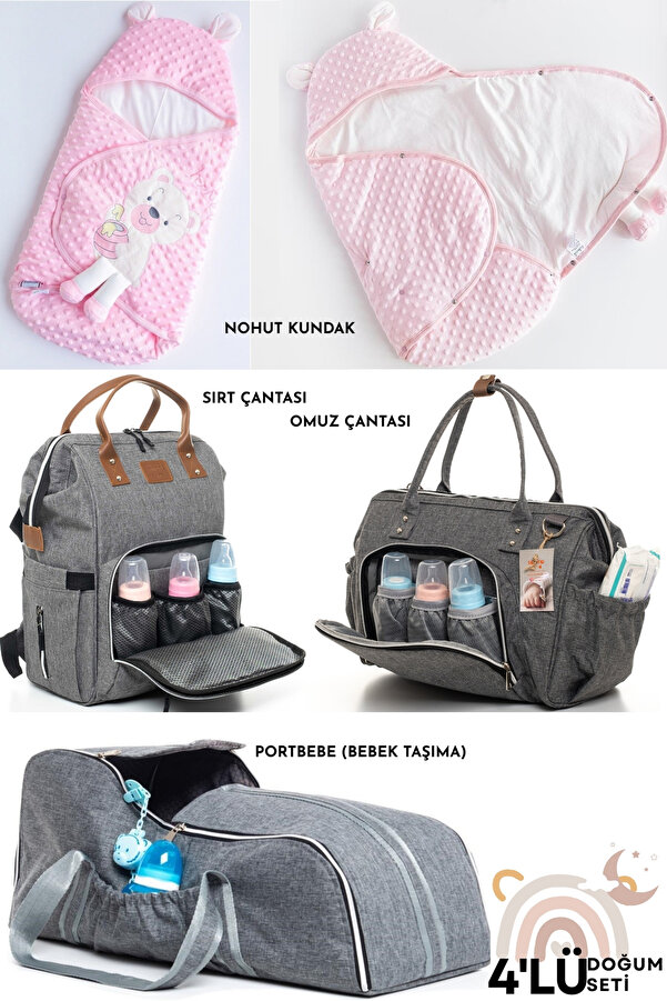 Allmart 4'lü Doğum Seti (Çıtçıtlı Nohut Kundak, Bebek Bakım Sırt ve Omuz Çantası, Portbebe Bebek Taşıyıcı)