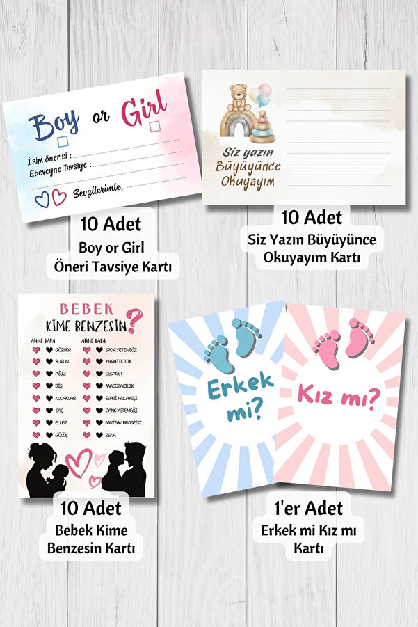 Metranya Cinsiyet Belirleme Partisi Oyun Kartları Seti Baby Shower Kız mı Erkek mi Bebek Dilek Hatıra Anı