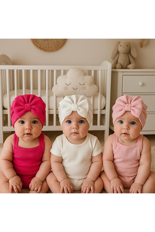 Pico Baby Fiyonklu Çift Kat Bebek Bone 3'lü Set- Pembe/Beyaz/Fuşya