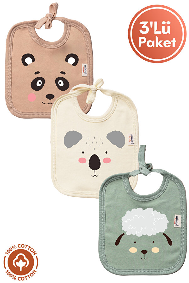 Miniel Unisex Bebek Yenidoğan Penye Organik Pamuklu Hayvan Figürlü 0-3 Ay Bebek Önlüğü 3'Lü Set