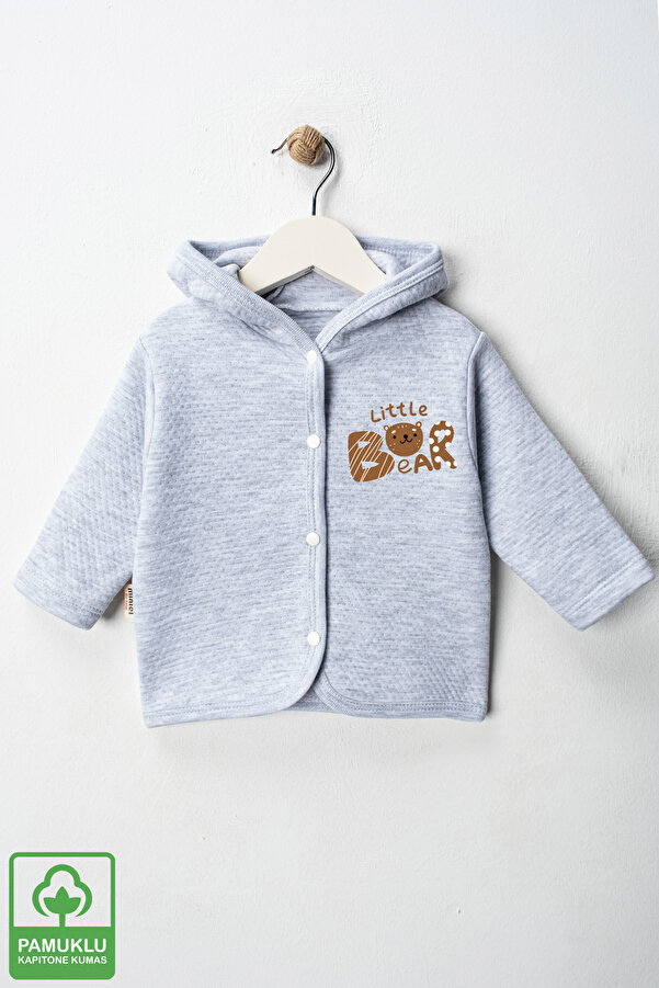 Miniel Unisex Bebek Little Bear Baskılı Organik Pamuklu 6-9-12-18 Ay Kapitone Bebek Hırka