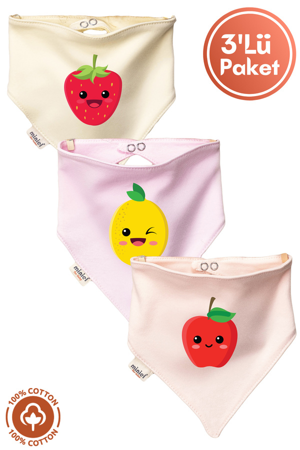 Miniel Unisex Bebek Yenidoğan Penye Organik Pamuklu Meyve Baskılı Bebek Önlüğü 3'lü Set