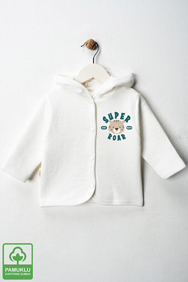 Miniel Erkek Bebek Super Roar Baskılı Organik Pamuklu 6-9-12-18 Ay Kapitone Bebek Hırka