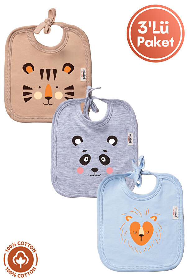 Miniel Unisex Bebek Yenidoğan Penye Organik Pamuklu Hayvan Figürlü 0-3 Ay Bebek Önlüğü 3'Lü Set