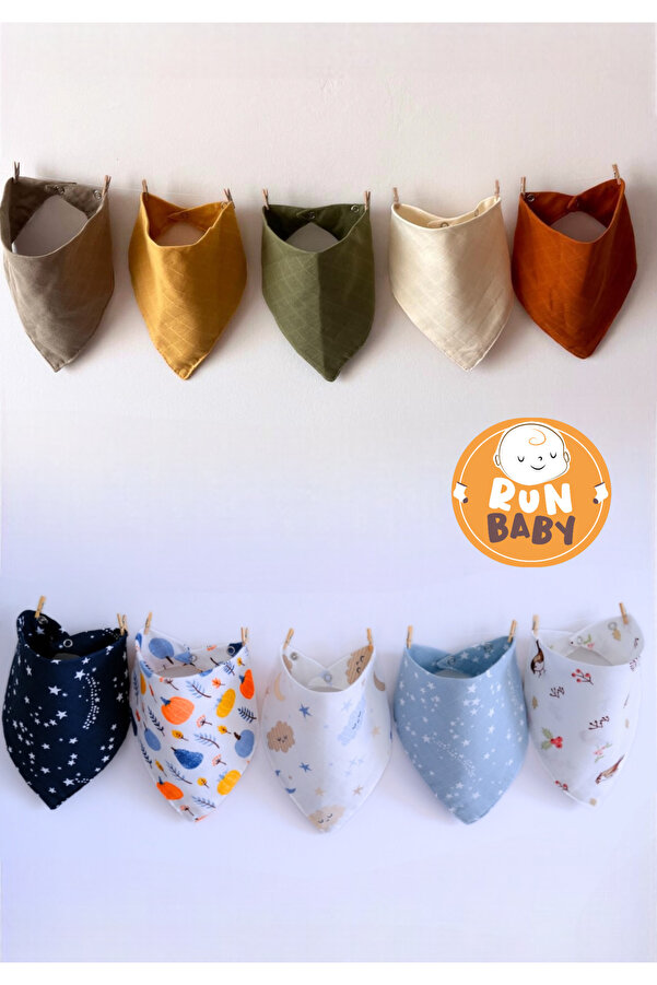 runbaby (10 ADET) Müslin Kumaş Çıtçıtlı Bebek Salya Önlük & Fular Ynkmbn
