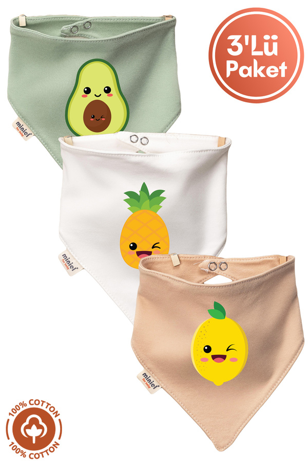 Miniel Unisex Bebek Yenidoğan Penye Organik Pamuklu Meyve Baskılı Bebek Önlüğü 3'lü Set
