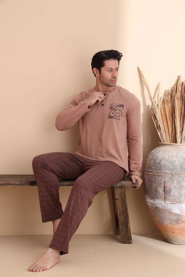 ELİTOL-Mink Stripe Pattern Buttoned Long Sleeve Men's Pajama Set 1