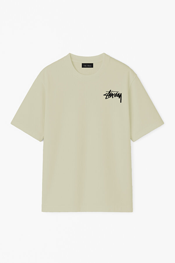 Unisex Stüssy Ön Baskılı Oversize %100 Pamuk Geniş Kesim Dokulu Bisiklet Yaka Haki Tişört RF0520