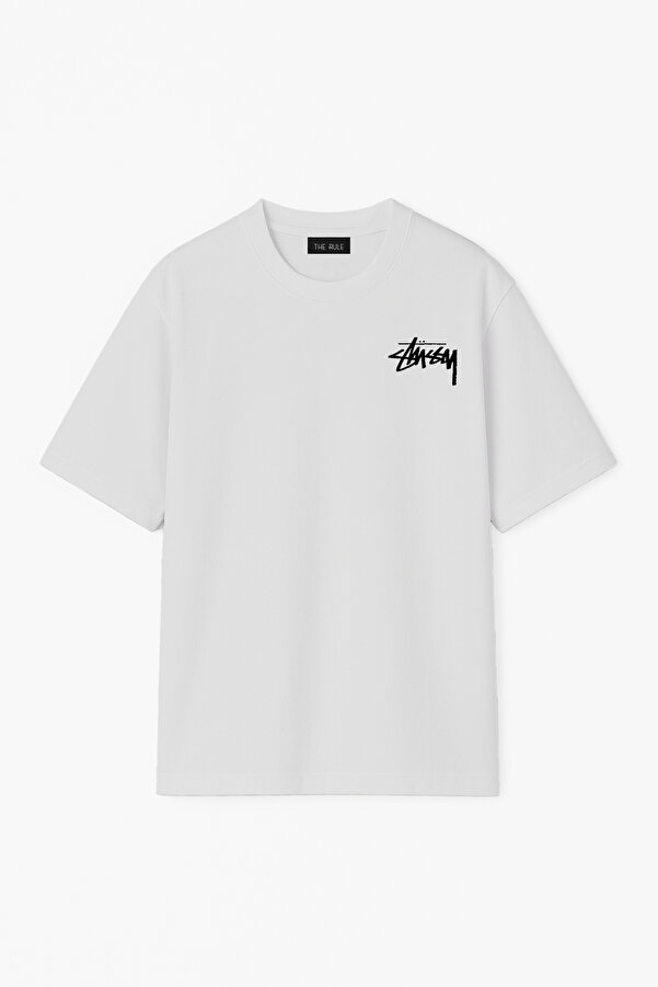 Unisex Stüssy Ön Baskılı Oversize %100 Pamuk Geniş Kesim Dokulu Bisiklet Yaka Gri Tişört RF0520