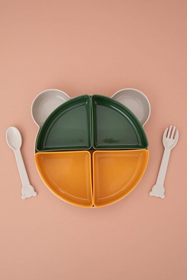 Evvano Tabldot Mama Tabağı Çıkarılabilir Kaseli -Tepsili 4 Bölmeli Çatal Kaşıklı Ayıcık Beslenme Kabı