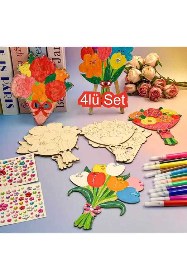 birlazer Lale Buketleri 4'lü Set Ahşap Boyama Oyuncak Aktivite Etkinlik Sanat