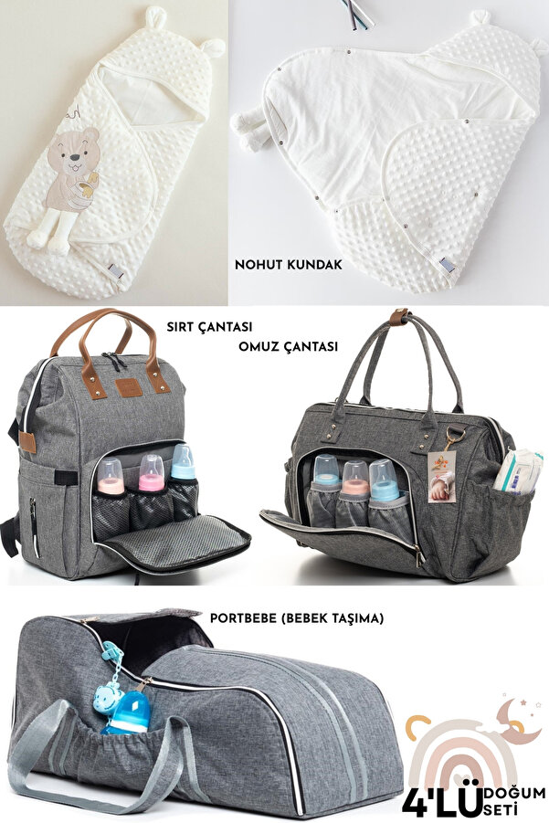 Allmart 4'lü Doğum Seti (Çıtçıtlı Nohut Kundak, Bebek Bakım Sırt ve Omuz Çantası, Portbebe Bebek Taşıyıcı)