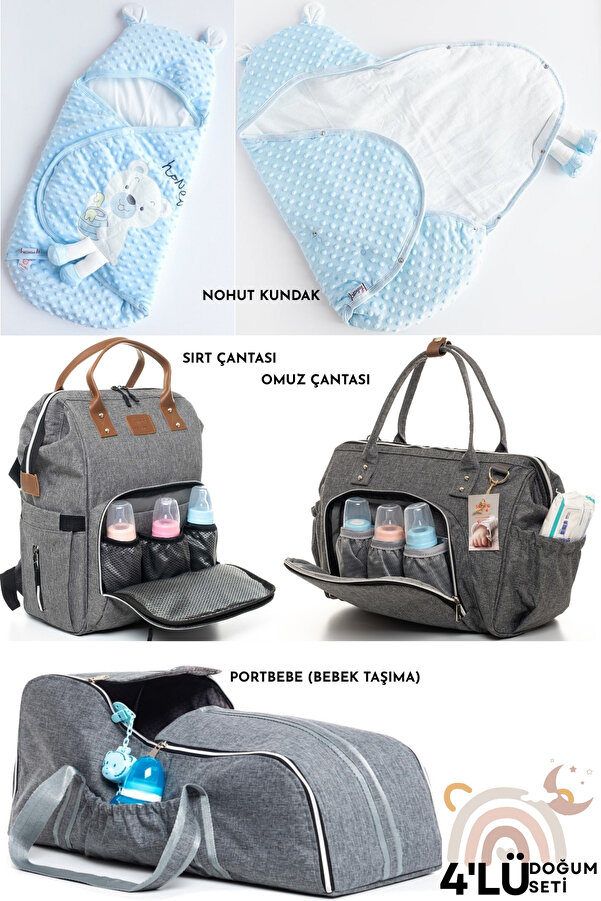 Allmart 4'lü Doğum Seti (Çıtçıtlı Nohut Kundak, Bebek Bakım Sırt ve Omuz Çantası, Portbebe Bebek Taşıyıcı)