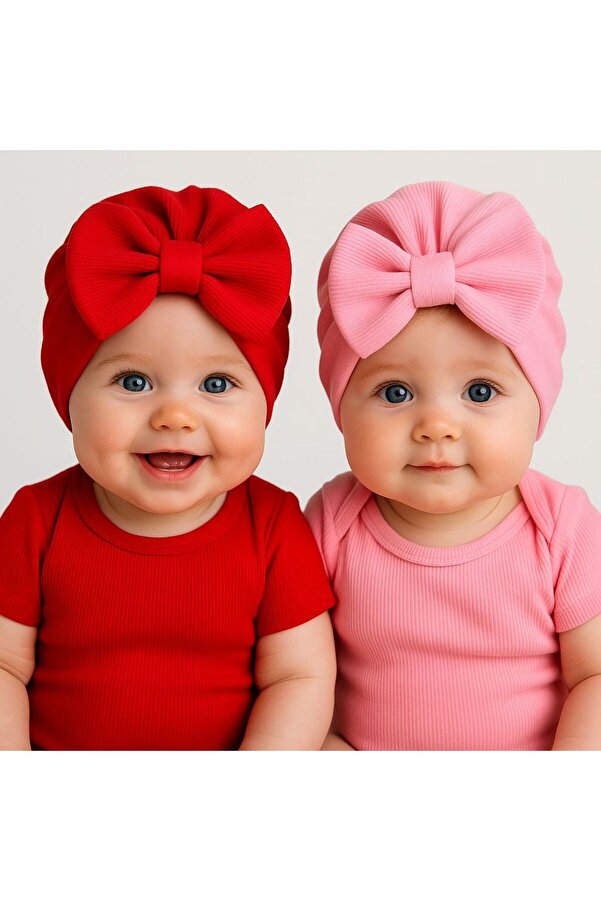 Pico Baby Fiyonklu Çift Kat Bebek Bone 2'li Set-Kırmızı/Pembe