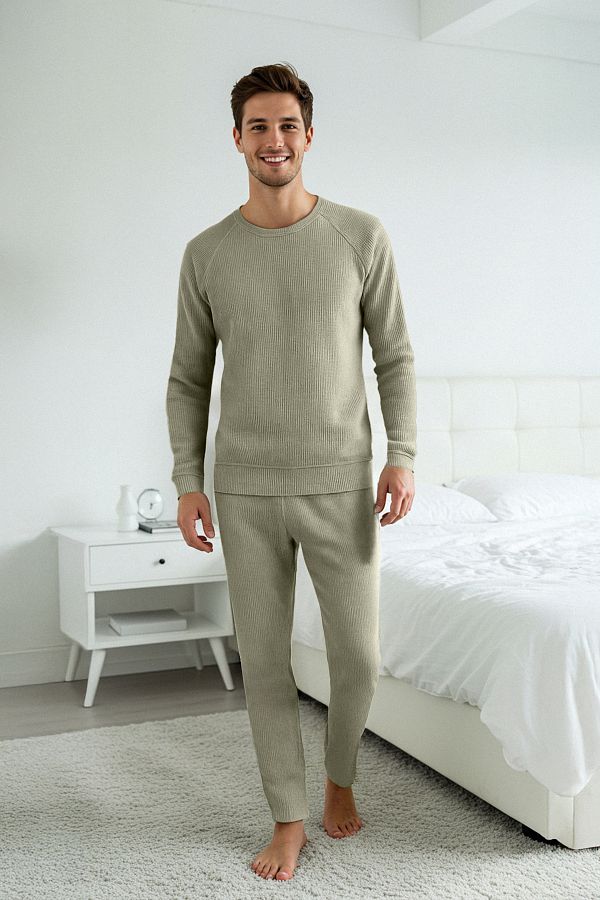 Trendyol Collection-Light Khaki Men's Waffle Reglan Sleeve Regular Fit Knitted Men's Pajamas Set Tmnaw23Pt00015 1