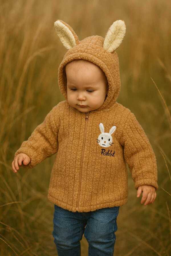 aden kids 1-5 Yaş Kahverengi Peluş Krokodil Desenli Çocuk Hırka - Kareli, Fermuarlı Ve Iç Astarlı