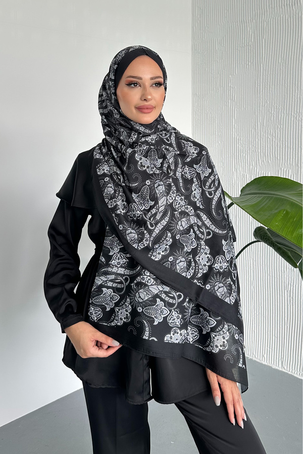 Stella Eşarp-Ethnic Shawl Patterned Black-Grey Color Soft Cotton Shawl 1