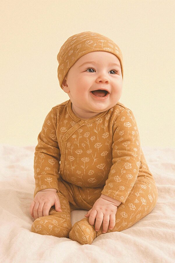 Boumini Bebek Patikli Tulum Şapka Set Bahar Çiçekli Hardal