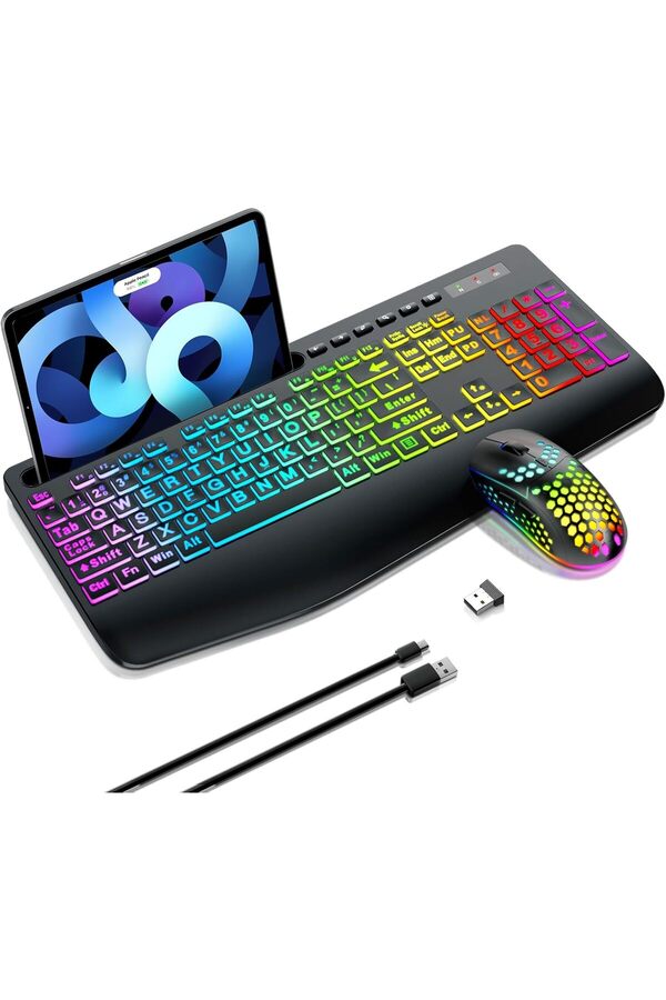 Generic-Garlo Wireless Keyboard and Mouse Combo, Membrane Silent Gaming Keyboard with Mechanical Feeling, Fu 1
