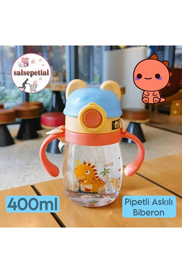 Salsepetial 400ml Dinozor Figürlü Pipeti Suluk Bebek Matara Askılı Sevimli Su Şişesi Bebek Pipetli Biberon