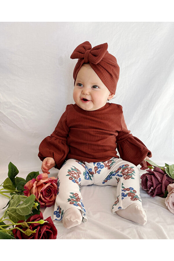 Jammybaby Flor Balon Kol Kaşkorse Body İspanyol Pantolon Fiyonklu Bone %100 Pamuk Kız Bebek Tasarım Lüks Takım