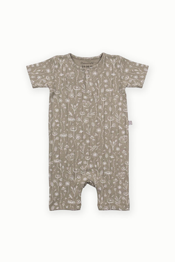 Boumini Pamuklu Kısa Kollu Bebek Şort Tulum Bahar Çiçekli Haki