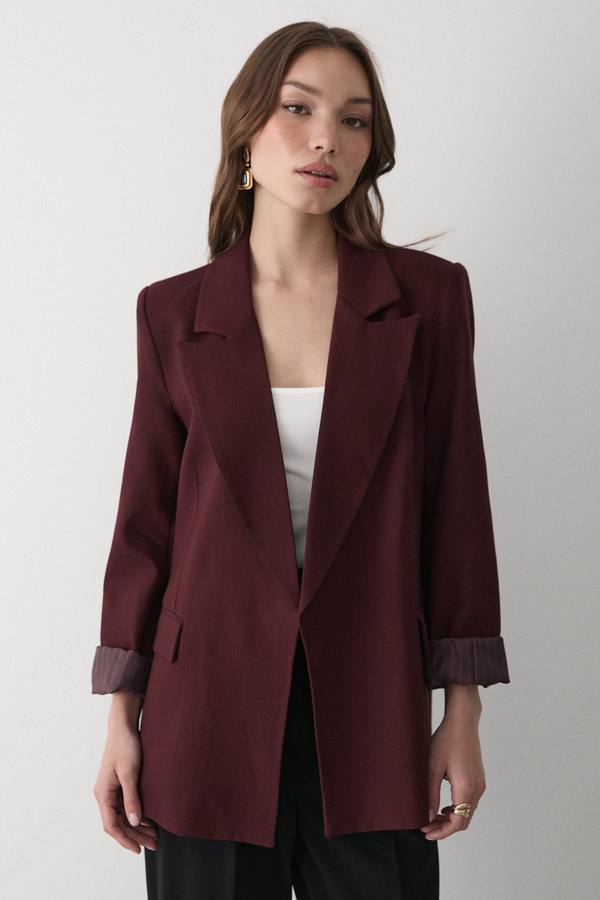 JASTE Women's Burgundy Striped Blazer Jacket with Lined Sleeves
