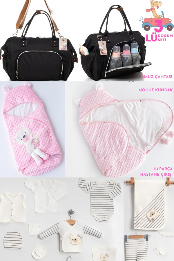 Allmart 3'lü Doğum Seti (Çıtçıtlı Nohut Kundak, Bebek Bakım Omuz Çantası ve 10 Parça Hastane Çıkış Seti)