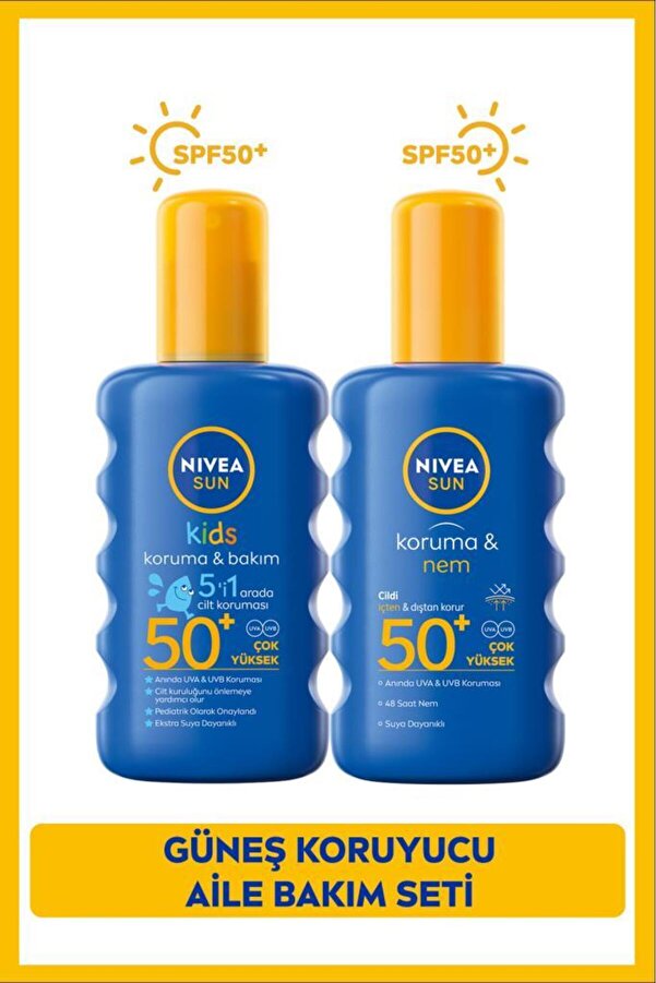 NIVEA SUN SPF50 Yüksek Güneş Koruyucu Vücut Sprey 200ml ve Çocuklar İçin Hassas Güneş Koruyucu Sprey 200ml