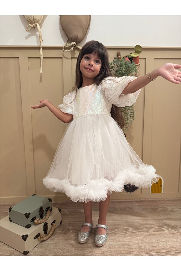 penu baby kids Beyaz Payet Detaylı Etek Ucu Fırfırlı Kız Çocuk Kız Bebek Abiye Elbise