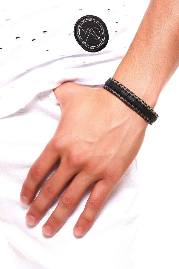 LABALABA Men s Black Color Stitched Leather Adjustable Handmade Handcuff Bracelet Trendyol