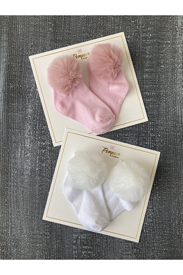 pempem bandana Kız Bebek Pembe Beyaz Kısa Ponponlu Çorap
